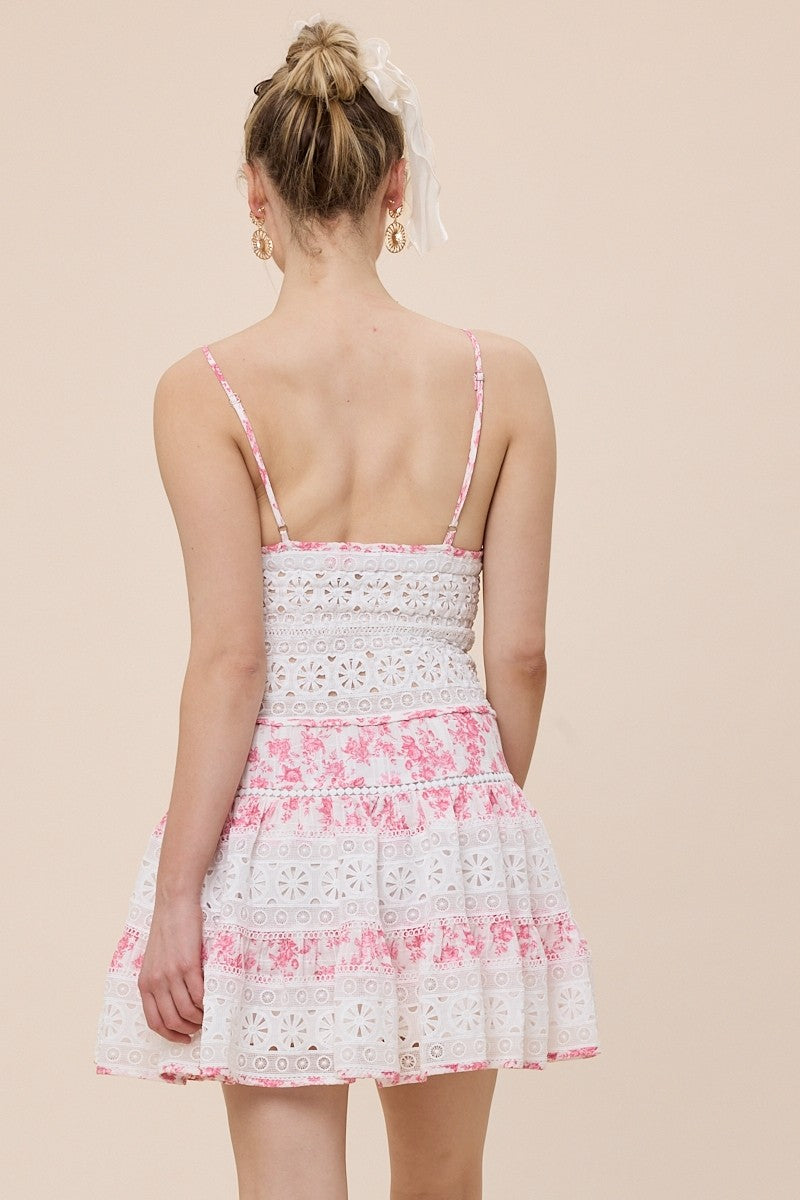 Elegant Summer Strap White Floral Lace Detailed Red Floral Print V-Neck Open Back Ruffle Mini Dress