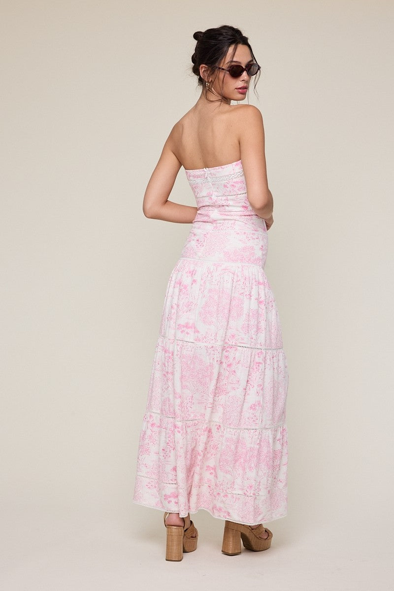 Elegant Summer Strapless White Pink Print Tiered Lace Detailed Ruffle Tube Maxi Dress