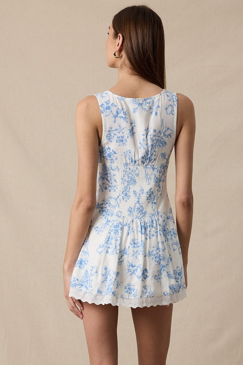 Fashion Summer Strap White Blue Floral Print V-Neck Ruffle Corset Button Down Lace Bow Detailed Mini Dress
