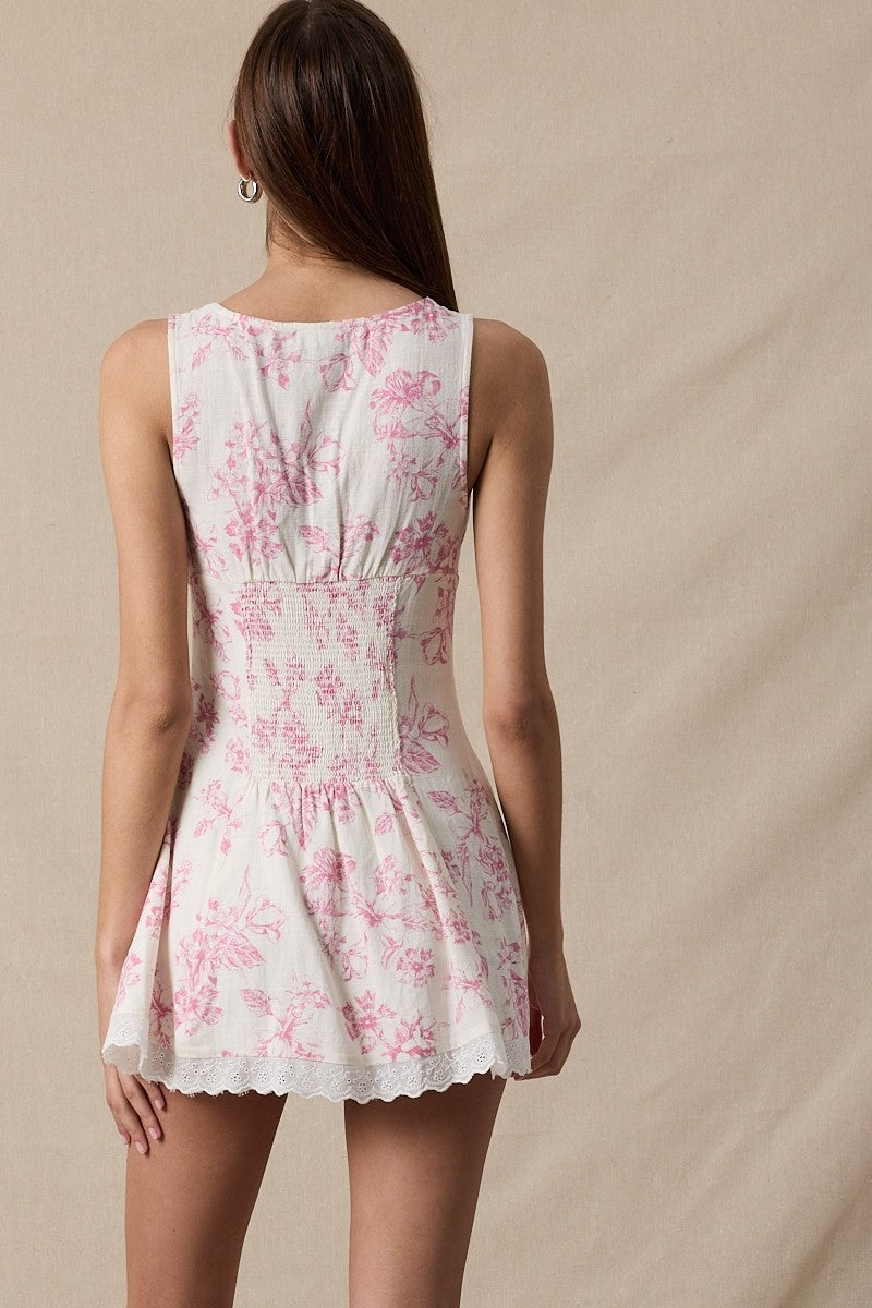 Fashion Summer Strap White Pink Floral Print V-Neck Ruffle Corset Button Down Lace Bow Detailed Mini Dress