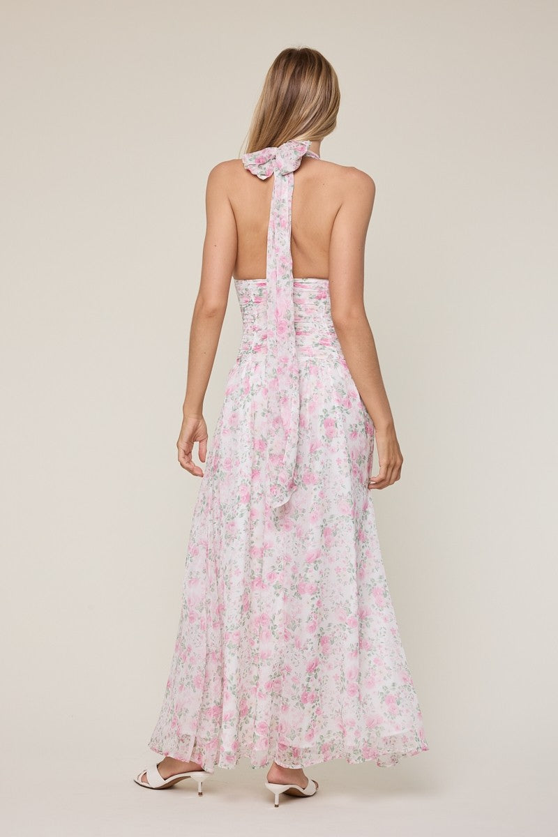 Elegant Halter Pink Floral Print V-Neck Boning Detailed Ruffle Maxi Dress