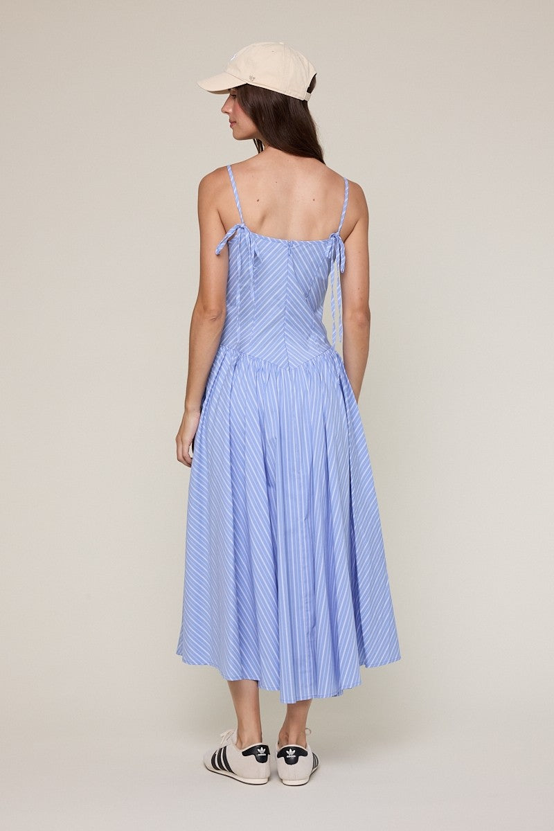 Fashion Strap Tie-Up Blue Striped Print Ruffle Corset Layered Midi Dress