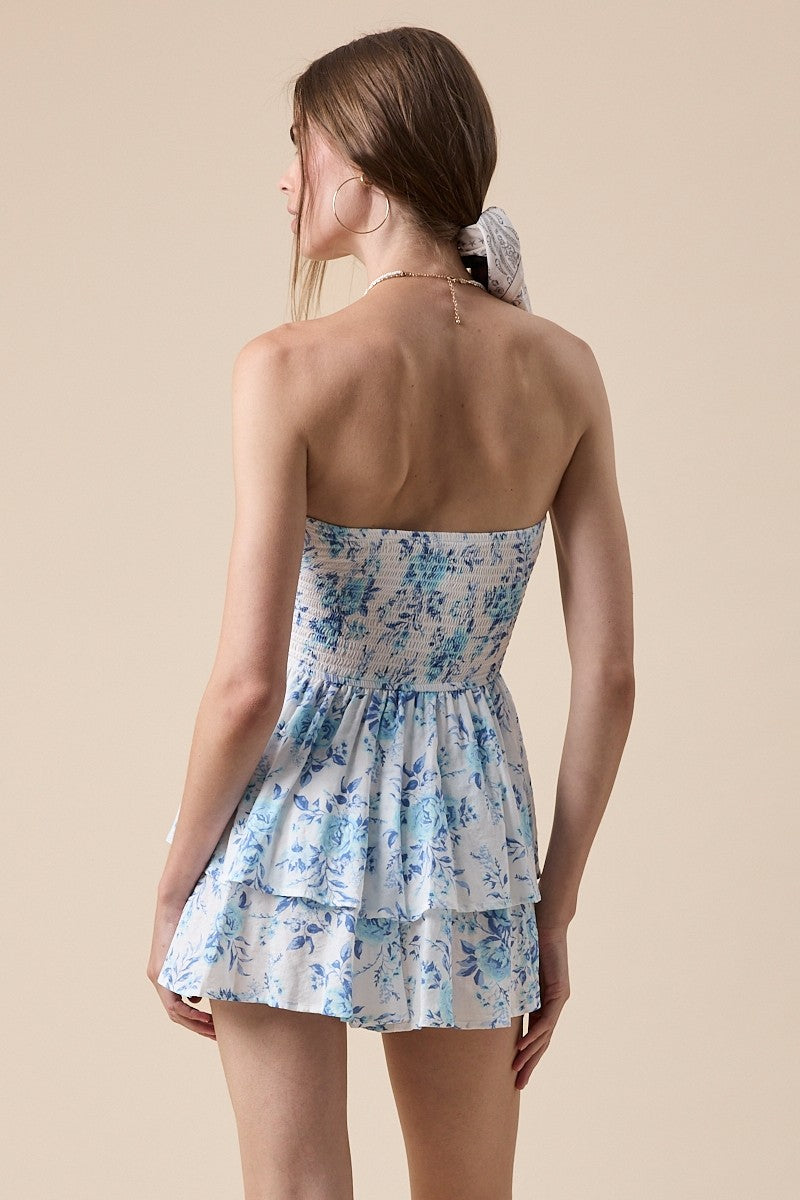 Fashion Summer Strapless Blue Floral Print Elastic Ruffle Layered Tube Romper