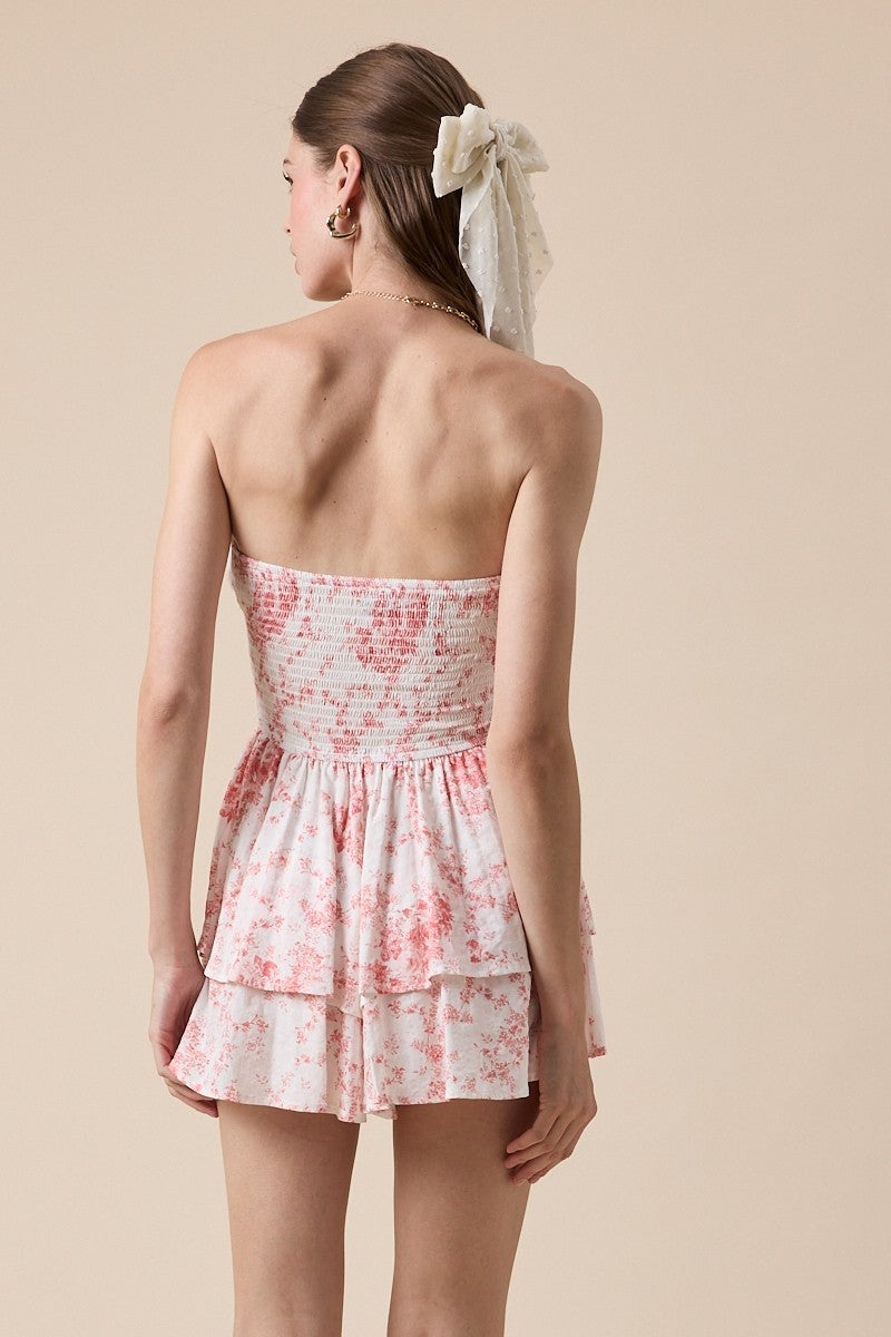 Fashion Summer Strapless Coral Floral Print Elastic Ruffle Layered Tube Romper