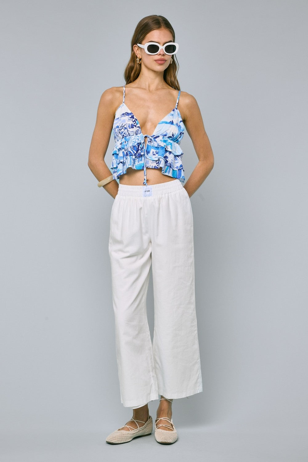 Fashion Summer Strap Blue Print Front Tie-Up Ruffle Crop Top