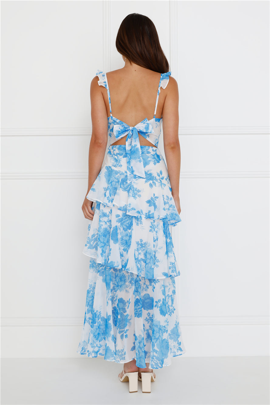 Elegant White Blue Band Detailed Floral Print Ruffle Layered Back Tie-Up Maxi Dress
