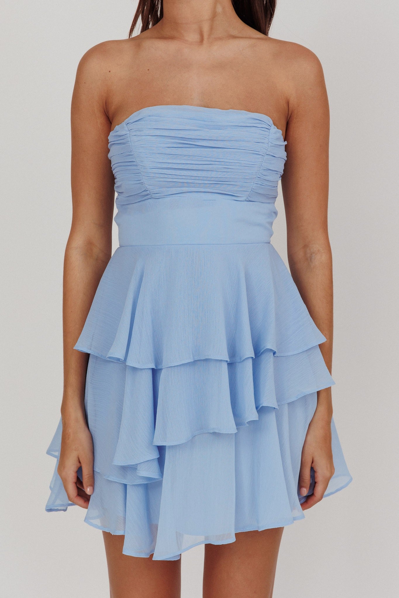 Fashion Strapless Blue Boning Detailed Corset Ruffle Layered Dress