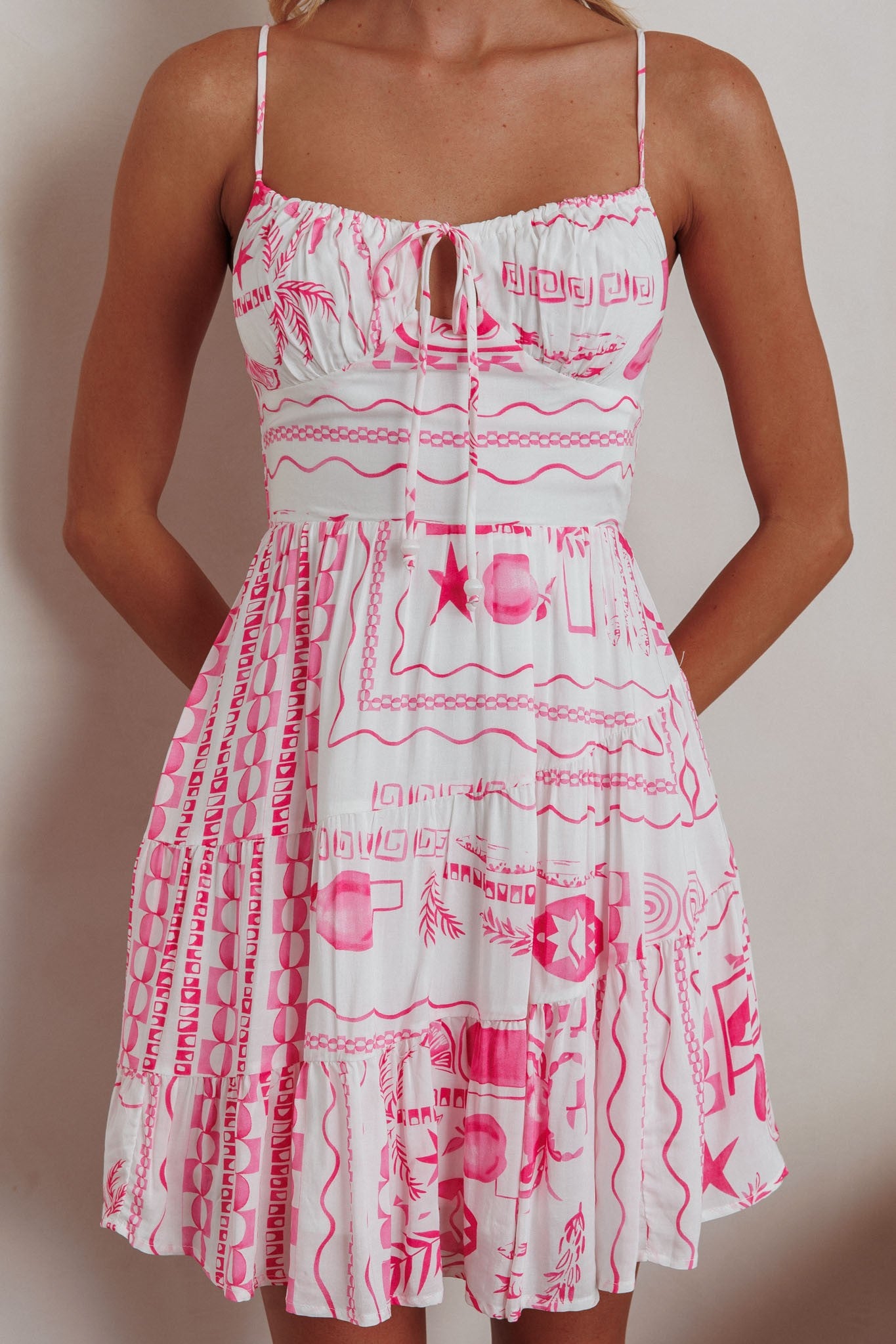 Fashion Strap Neon Pink Print Tie-Up Ruffle Mini Dress