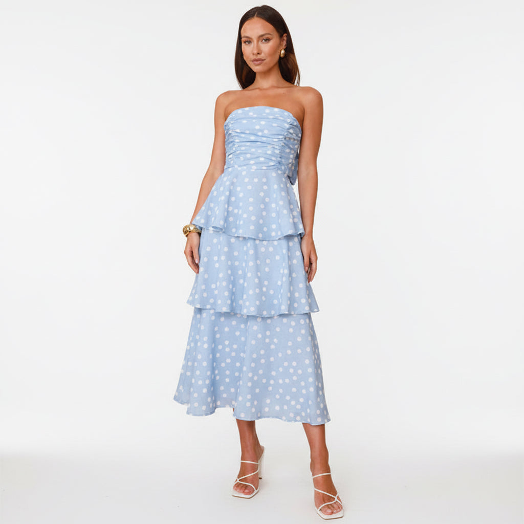 Fashion Summer Strapless Blue White Polka Dot Layered Ruffle Corset Ba EDITE MODE Fashion Summer Strapless Blue White Polka Dot Layered Ruffle Corset Ba EDITE MODE