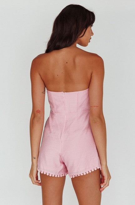 Fashion Strapless Front Tie-Up Ruffle Tassel Lilac Romper