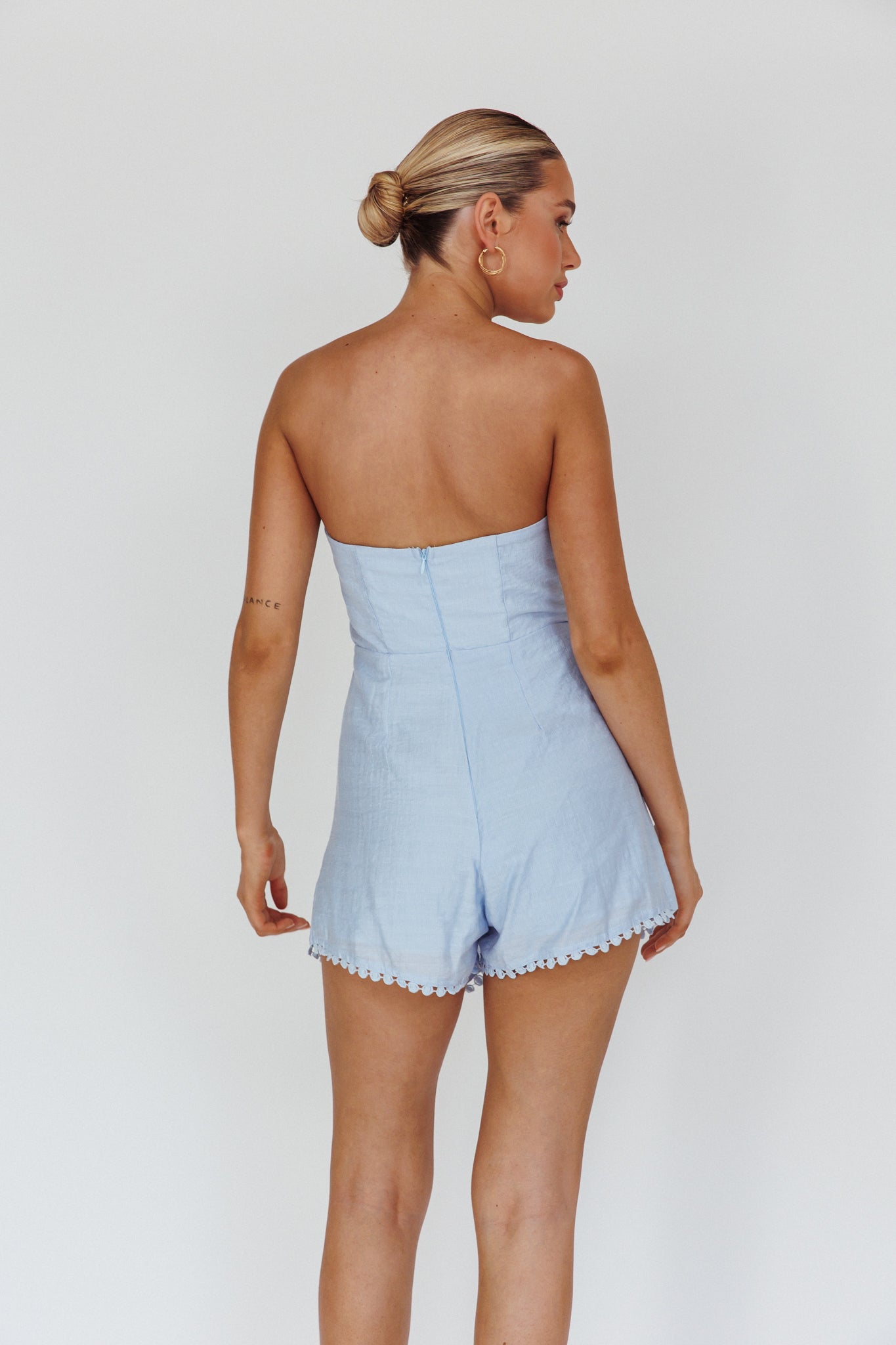 Fashion Strapless Front Tie-Up Ruffle Tassel Steel Blue Romper