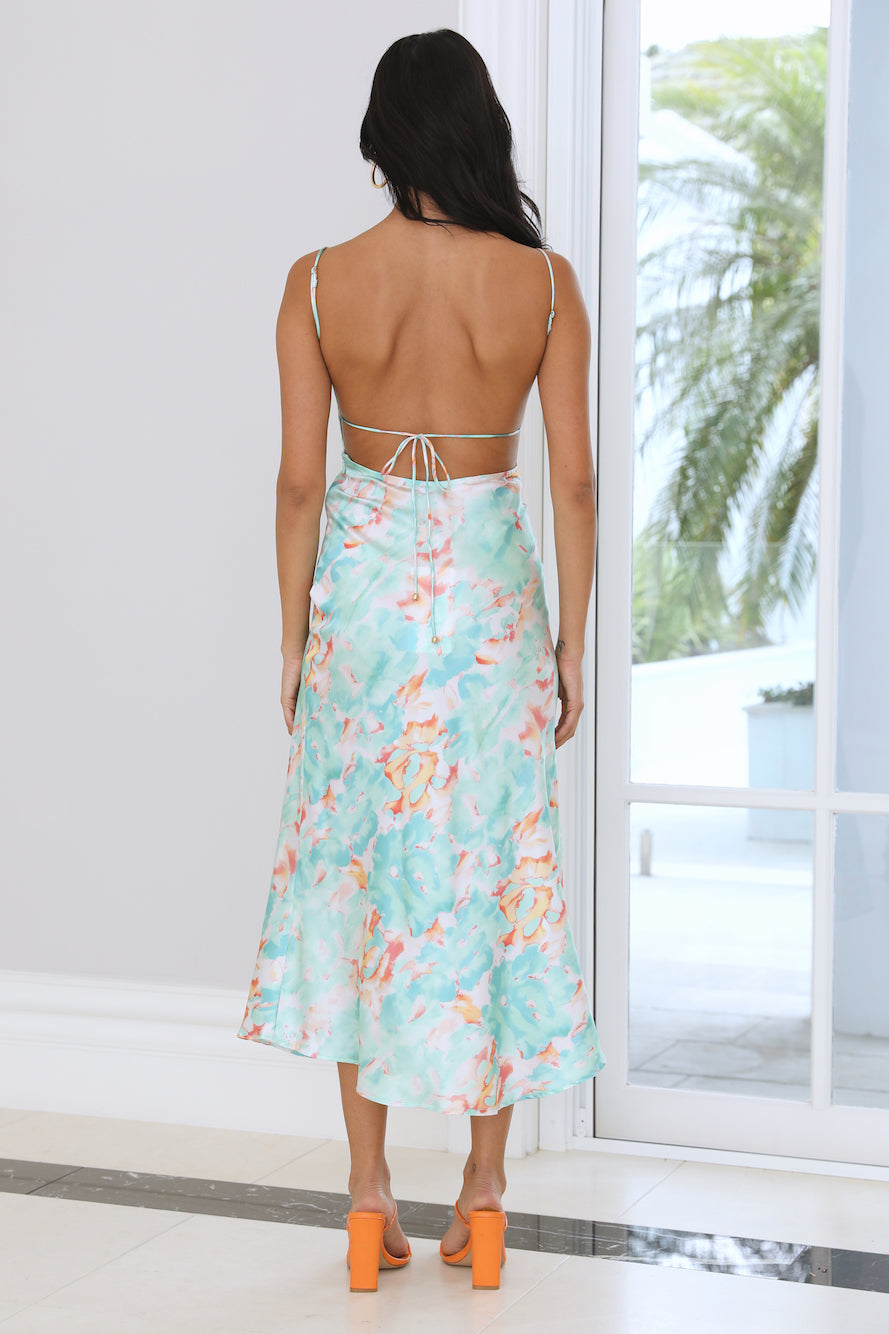 Fashion Strap Green Watercolor Satin Maxi Dress