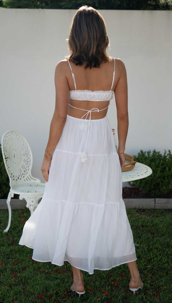 Fashion Strap White Front Tie-Up Ruffle Cut-Out Open Back Maxi Dress