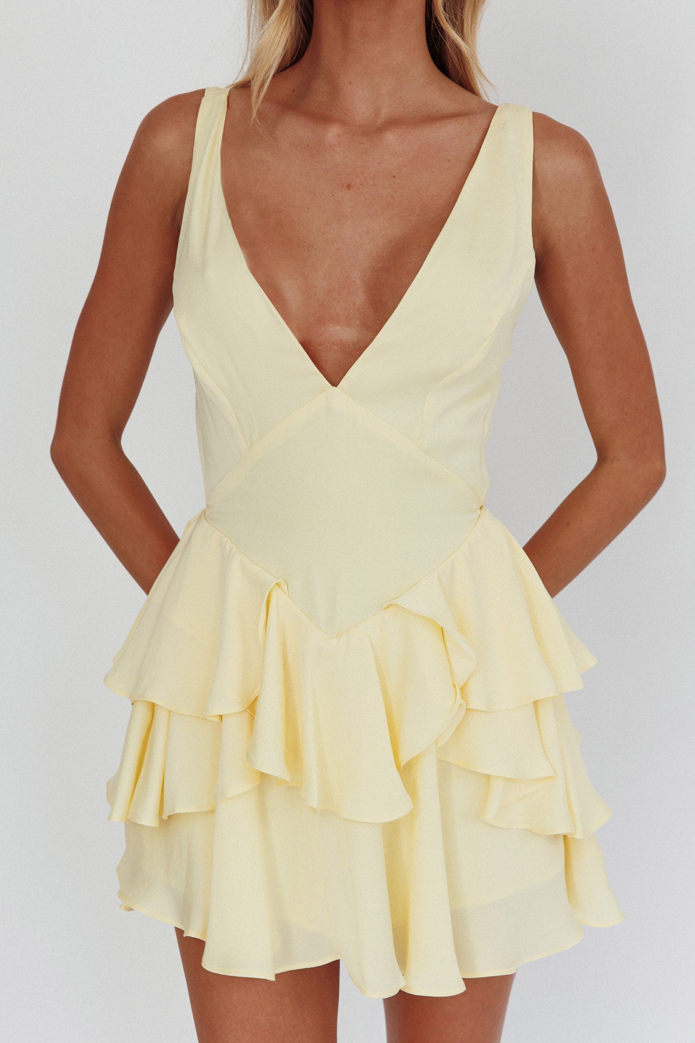 Fashion Strap Yellow V-Neck Ruffle Back Tie-Up Romper