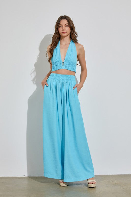 Fashion Summer Aqua High Waisted Elastic Wide Leg Pants