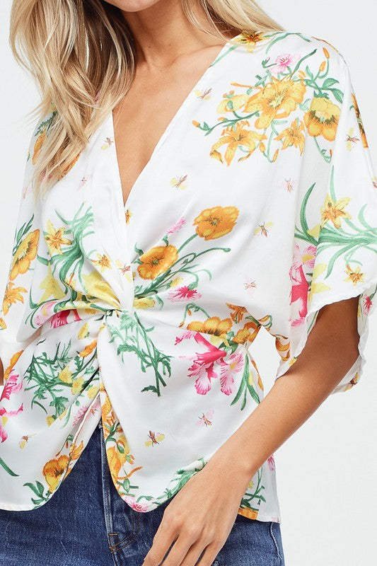 Fashion Off White Multi-Color Floral Print Tie-Up Knot Blouse
