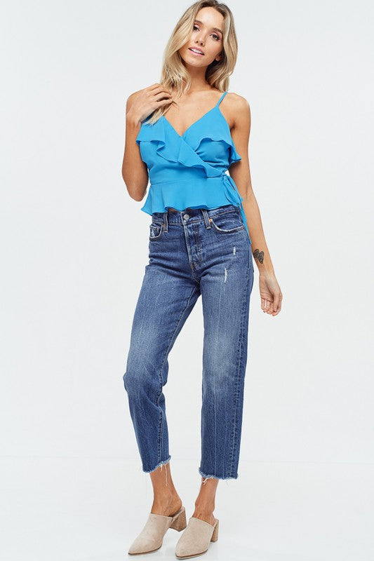 Fashion Strap Ruffle Blue Azure Top