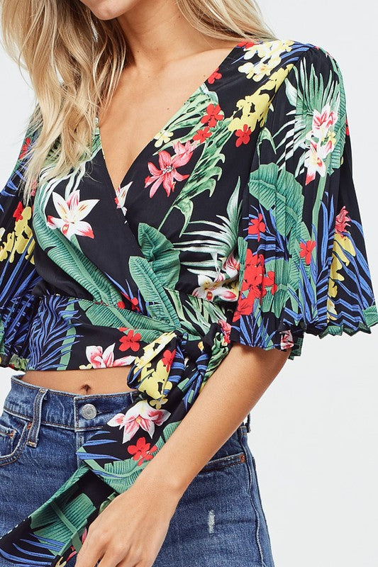 Fashion Black Multi-Color Floral Print Wrap Blouse with Pleated Sleeve