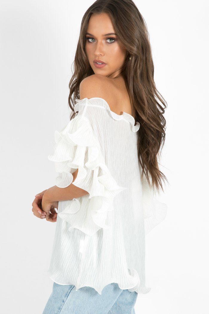 Fashion Off Shoulder White Ruffle Sleeve Textured Top