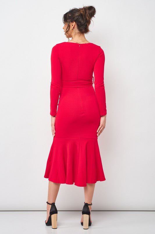 Elegant V-Neck Ruffle Tie-Up Red Dress with Long Sleeve