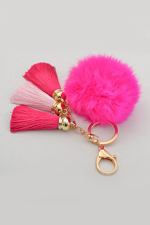 Small Fuchsia Pom Pom Gold Key Chain with Tassel
