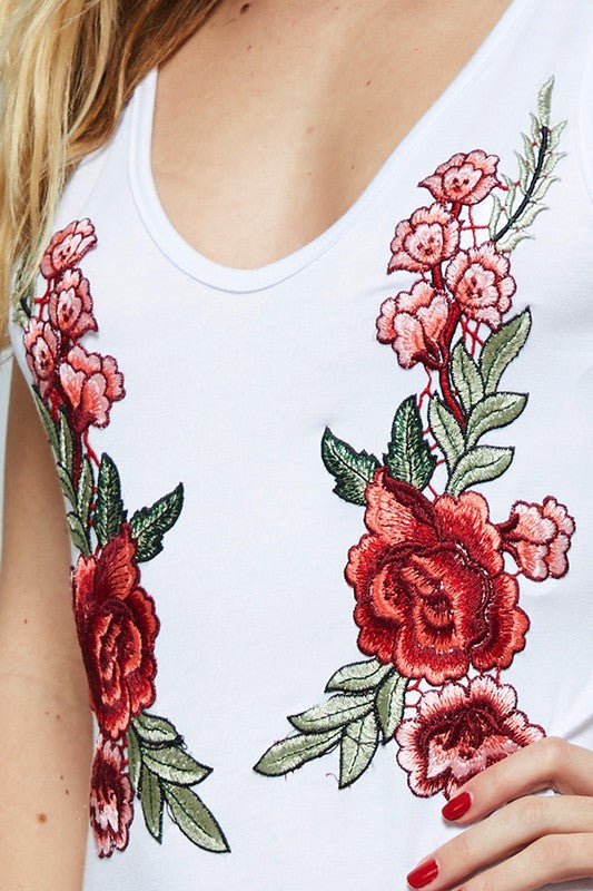Fashion Embroidery Roses White Bodysuit