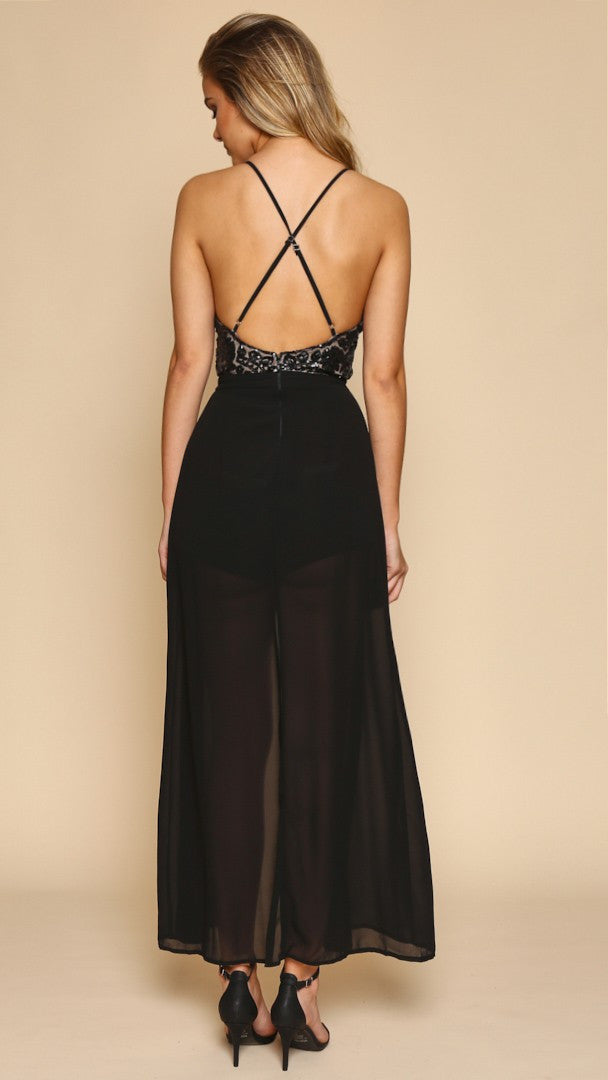 Elegant Sequence Black Cocktail Maxi Romper