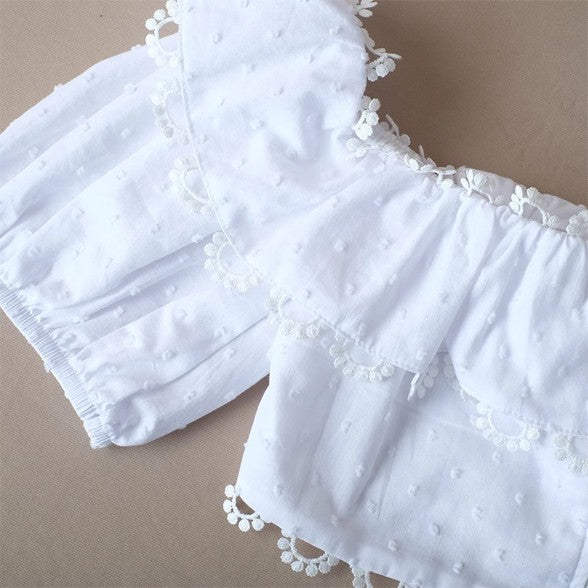 Elegant High Waisted White Ruffle Eyelet Shorts