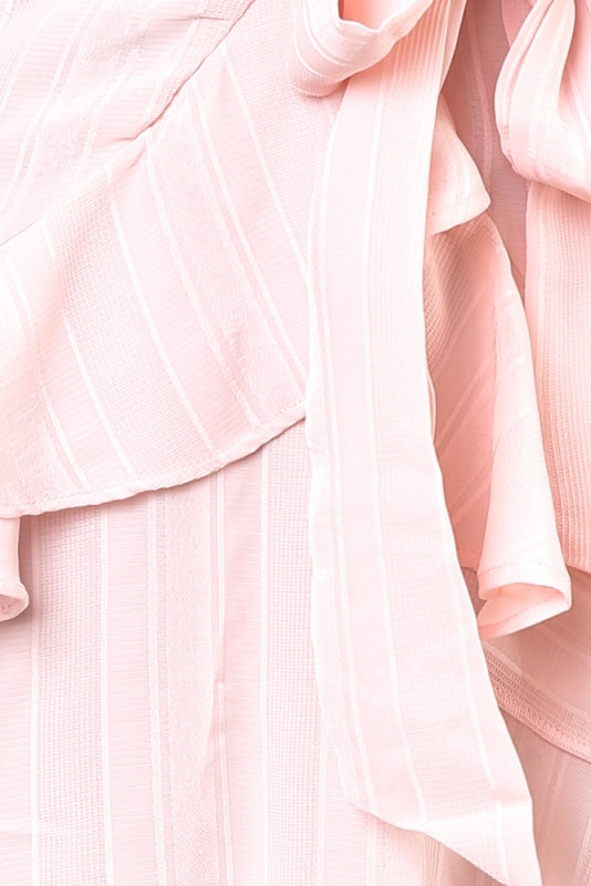 Fashion Light Blush Ruffle Tie-Up Dress with Bell Sleeve