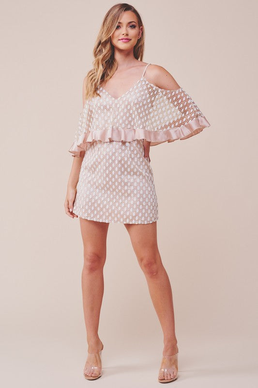 Elegant Cold Shoulder Texture Detailed Beige Satin Ruffle Dress