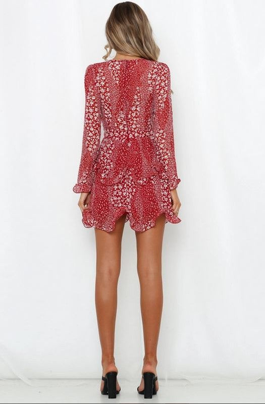 Fashion Red White Floral Print Texture Detailed Ruffle Tie-Up Dress with Long Sleeve