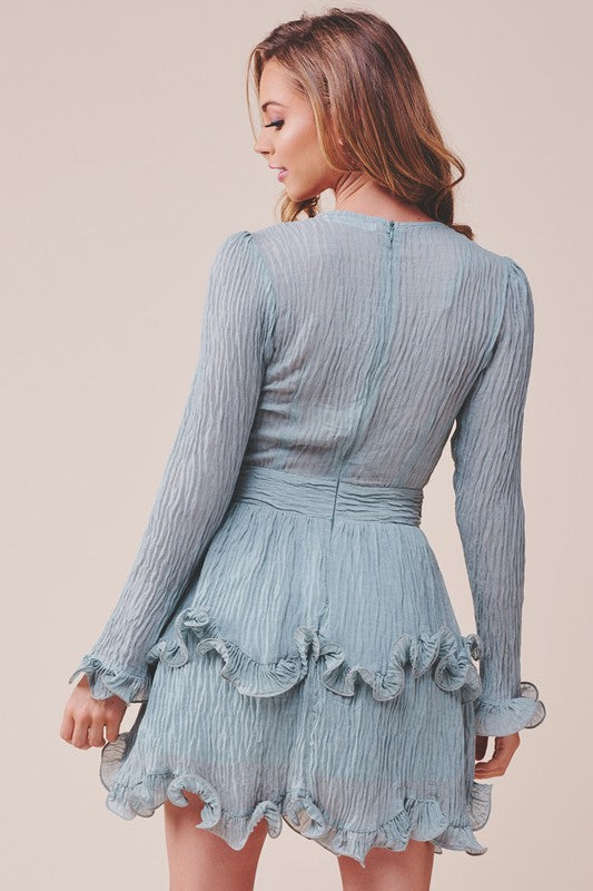 Fashion Olive Texture Detailed Ruffle Tie-Up Dress with Long Sleeve