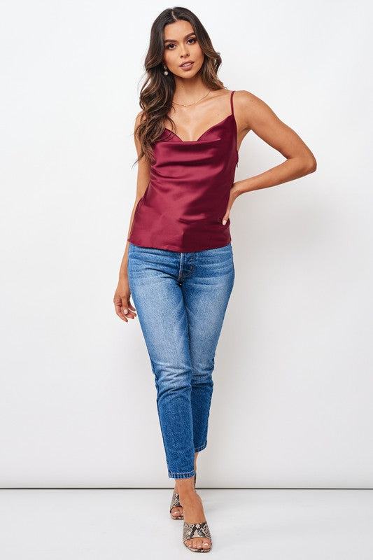 Elegant Strap V-Neck Satin Wine Top