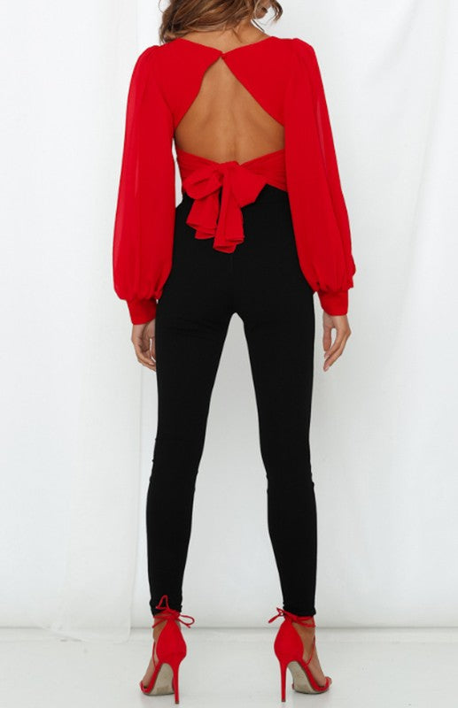 Elegant Red Deep V-Neck Crop Top Back Tie-Up with Puffy Sleeve