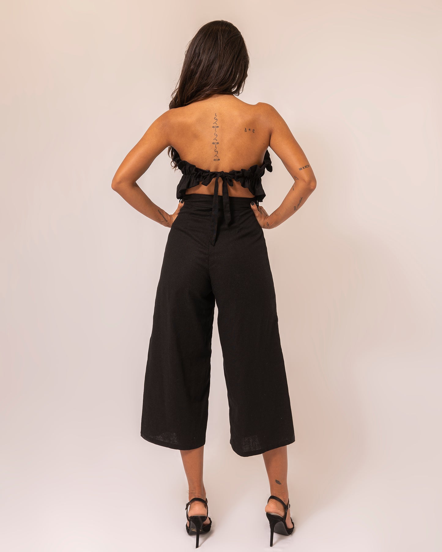 Elegant Strapless Black Tie-Up Ruffle Crop Jumpsuit