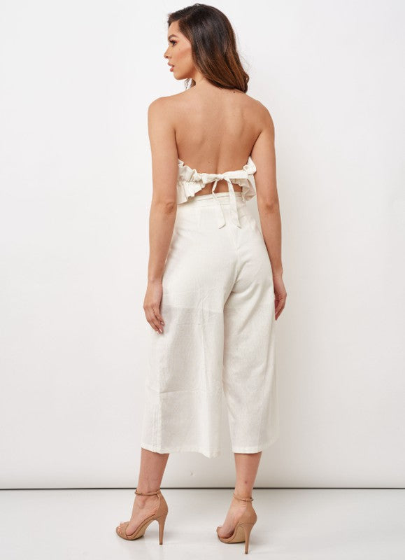 Elegant Strapless White Tie-Up Ruffle Crop Jumpsuit