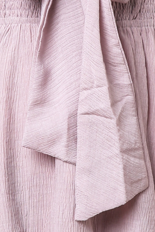 Fashion Blush Deep V-Neck Tie-Up Ruffle Dress with Long Sleeve