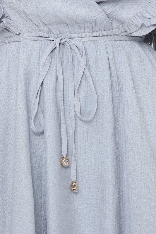 Fashion Grey Ruffle V-Neck Dress with Band Long Bell Sleeve Detailed