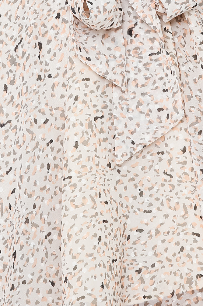 Fashion Summer Nude Multi-Color Print Texture Detailed Ruffle Tie-Up Dress with Long Sleeve