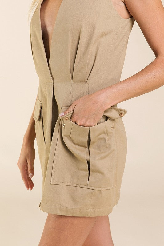 Elegant Beige Deep V-Neck Mini Dress