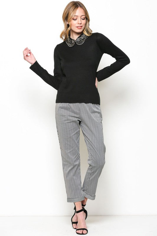 Elegant Black Long Sleeve Sweater with Floral Embroidery Detailed Neck