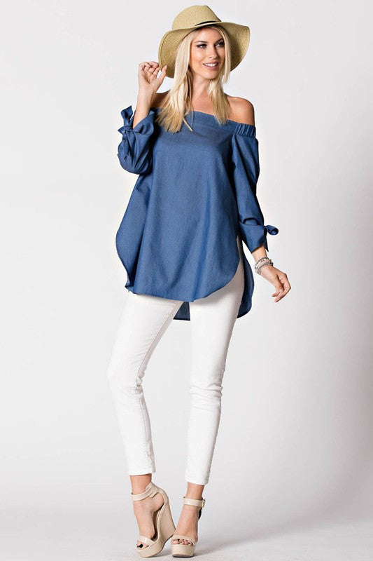 Off Shoulder Denim Top with Tie Sleeve