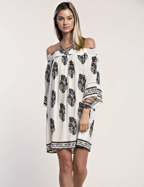 Casual Off Shoulder Ivory Dress with Black Print