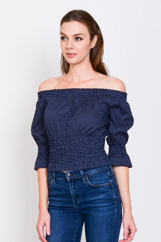 Fashion Off Shoulder Polka Dot Navy Puffy Sleeve Top