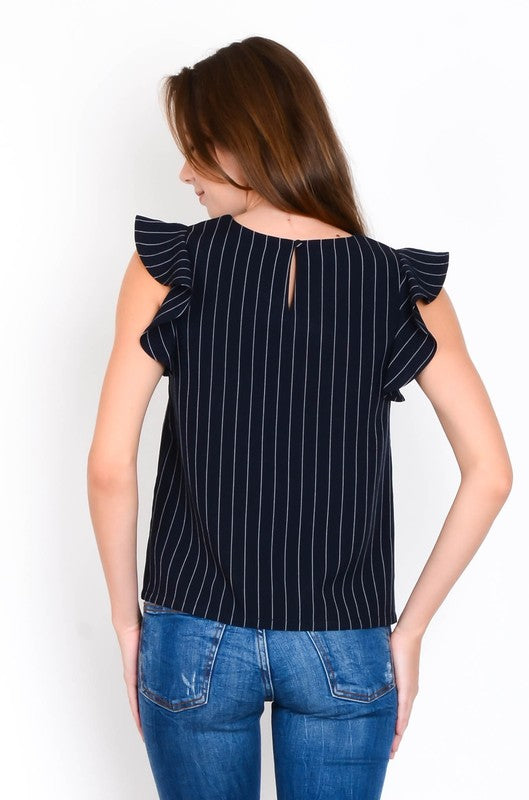 Fashion Ruffle Open Back Navy Striped Blouse