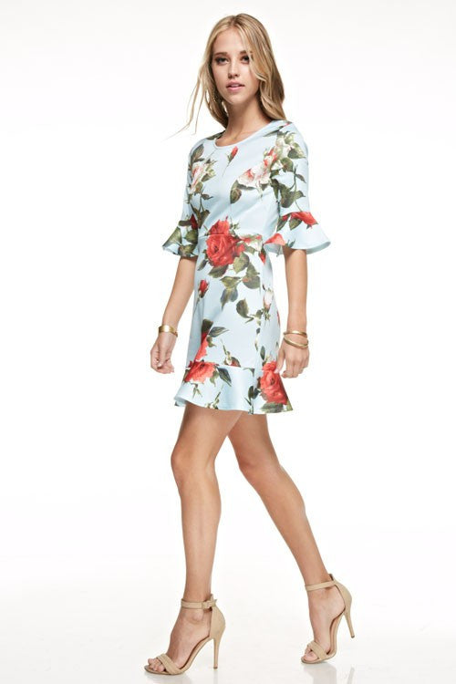 Floral Cocktail Flare Sleeve Light Blue Dress