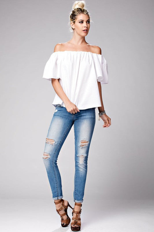 Off The Shoulder White Ruffle Short Sleeve