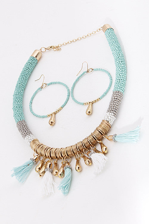 Tribal Mixed Bead Gold Mint Necklace Set