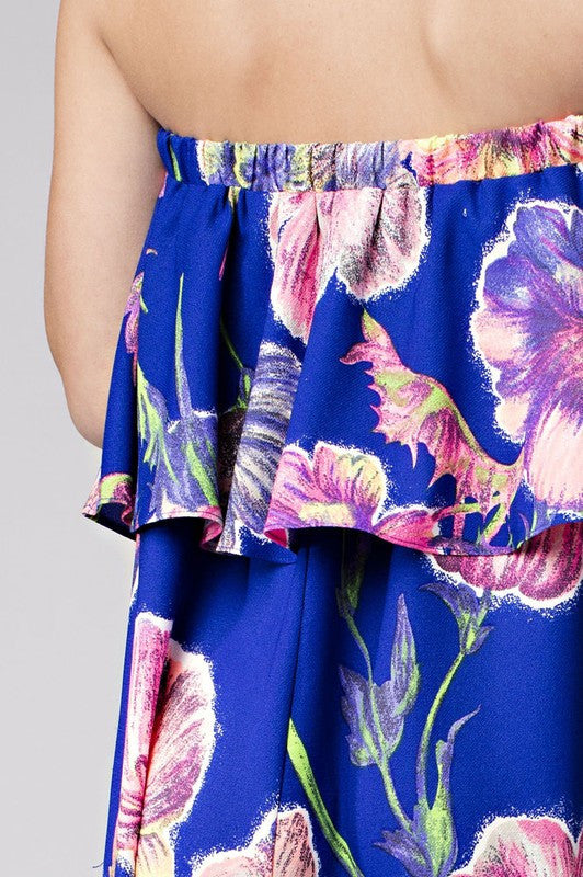 Strapless Floral Royal Blue Summer Dress