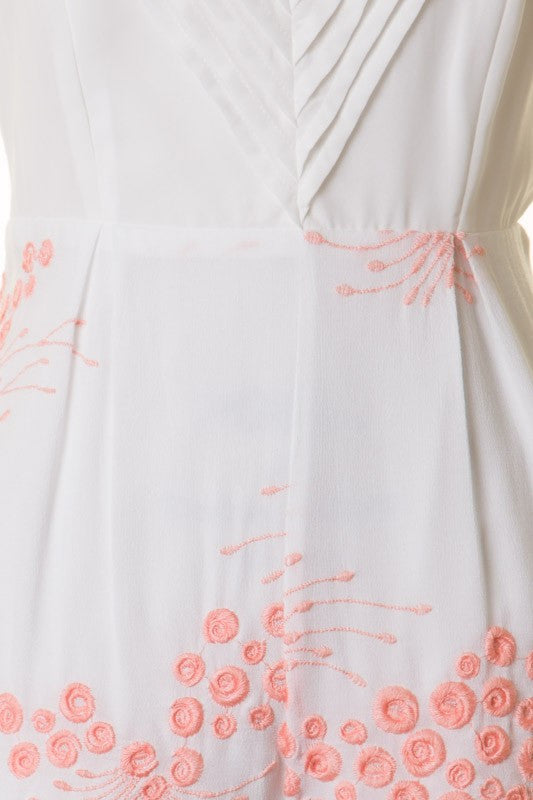 Summer White Sleeveless Romper with Pink Embroidery